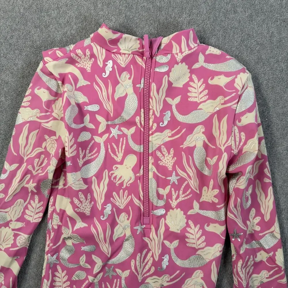 Boden Girls 9-10Y Pink Mermaid Dolphin Print Long Sleeve Ruffle Swimsuit Zipper